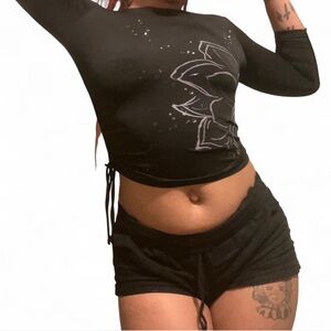 y2k black lotus scrunch shirt with sequins